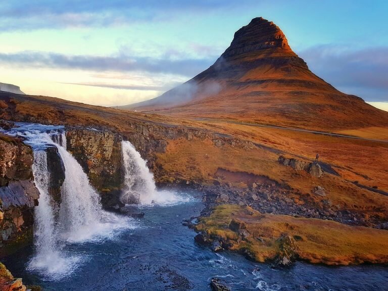 mountain with falls